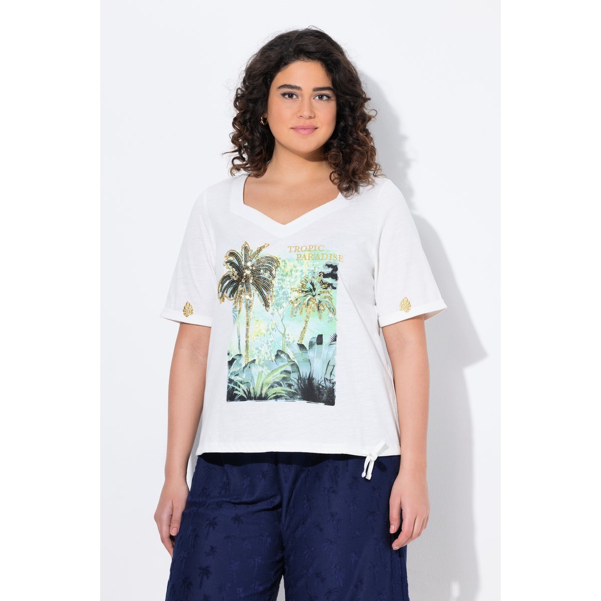 T-shirt, cordon de serrage, motif palmiers blanc cassé, ULLA POPKEN