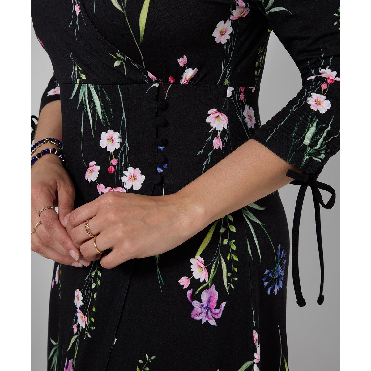 Robe en Jersey à Col V Fleurs Tombantes noir, JOE BROWNS