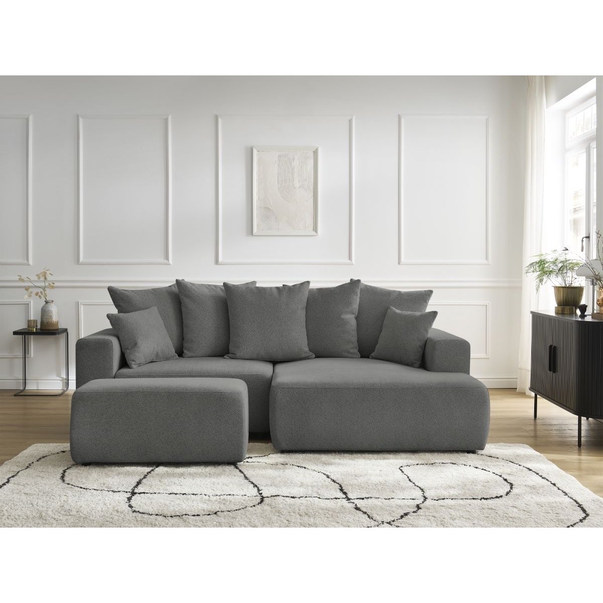 Canapé d'angle convertible 5 places en tissu chiné avec pouf, ATILLA gris foncé, BOBOCHIC