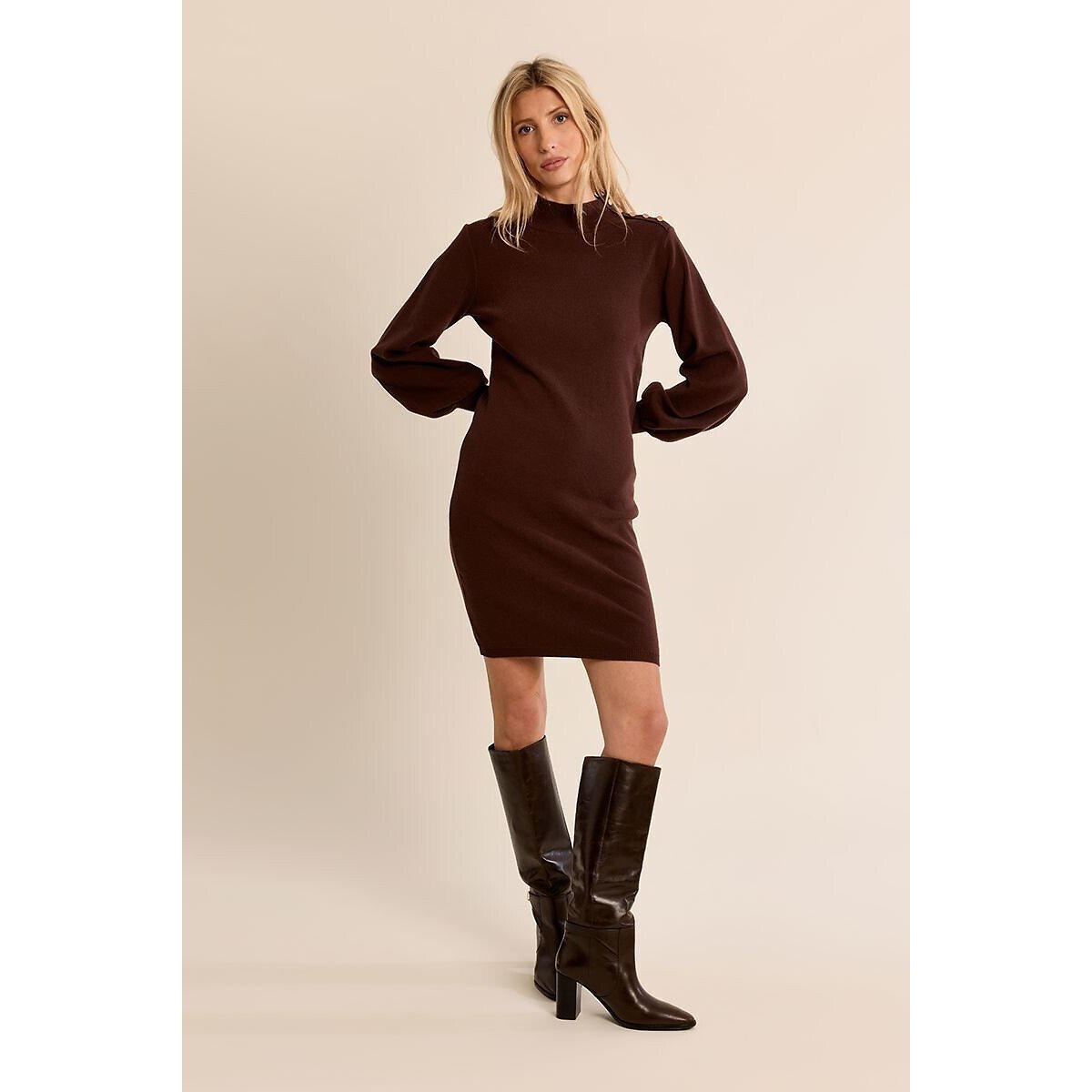 Vestido estilo camisola, em malha, mangas balão castanho-chocolate, MOLLY BRACKEN