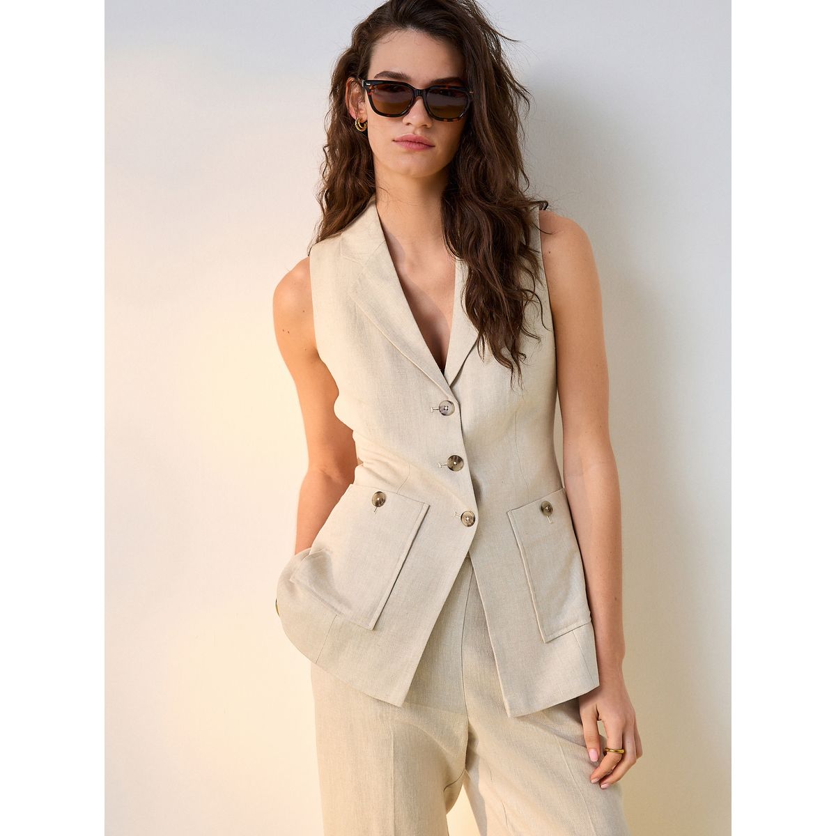 Gilet costume lin majoritaire col beige neutre, NEXT