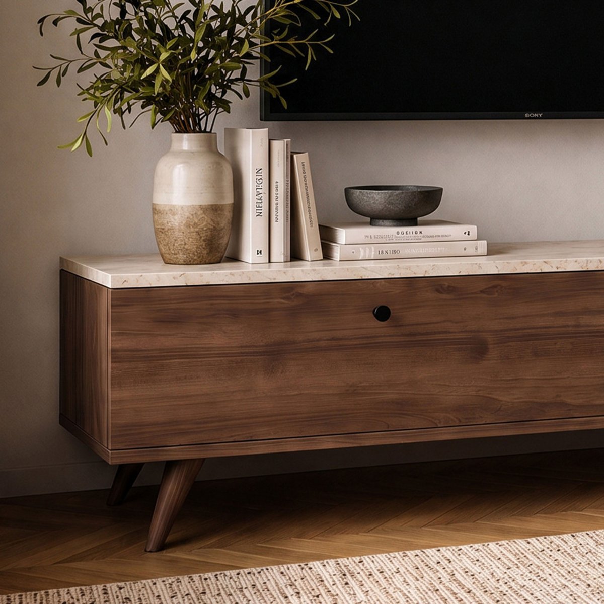 Meuble TV 2 portes plateau effet travertin et bois L160cm- YARA bois foncé, DRAWER