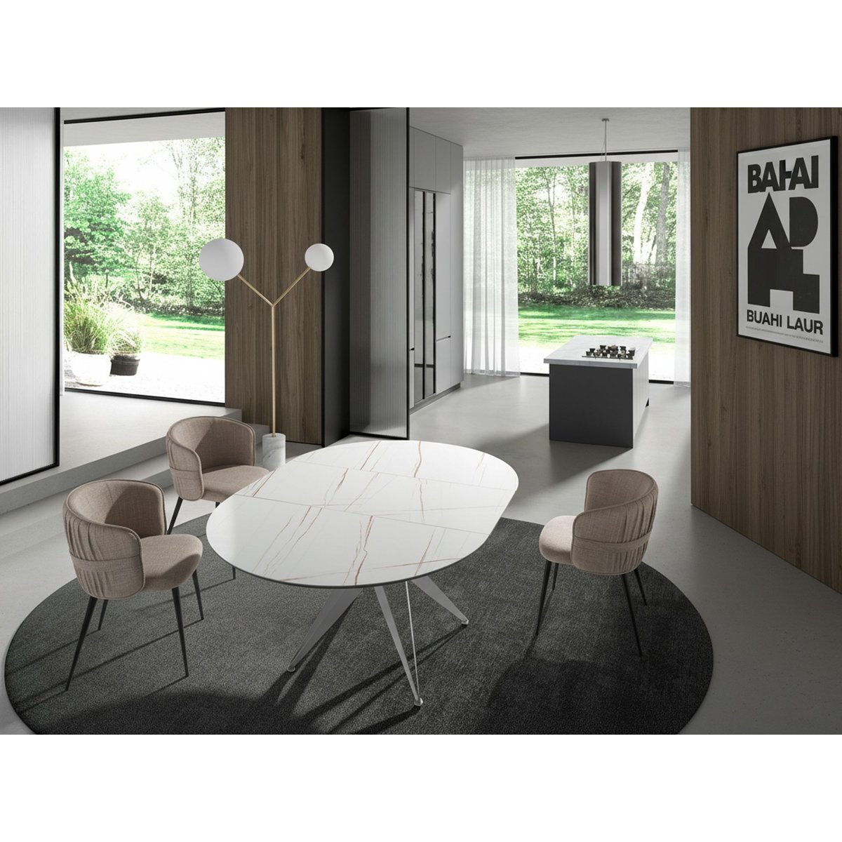 Table à manger ronde marbre porcelaine et acier gris | blanc, ANGEL CERDA