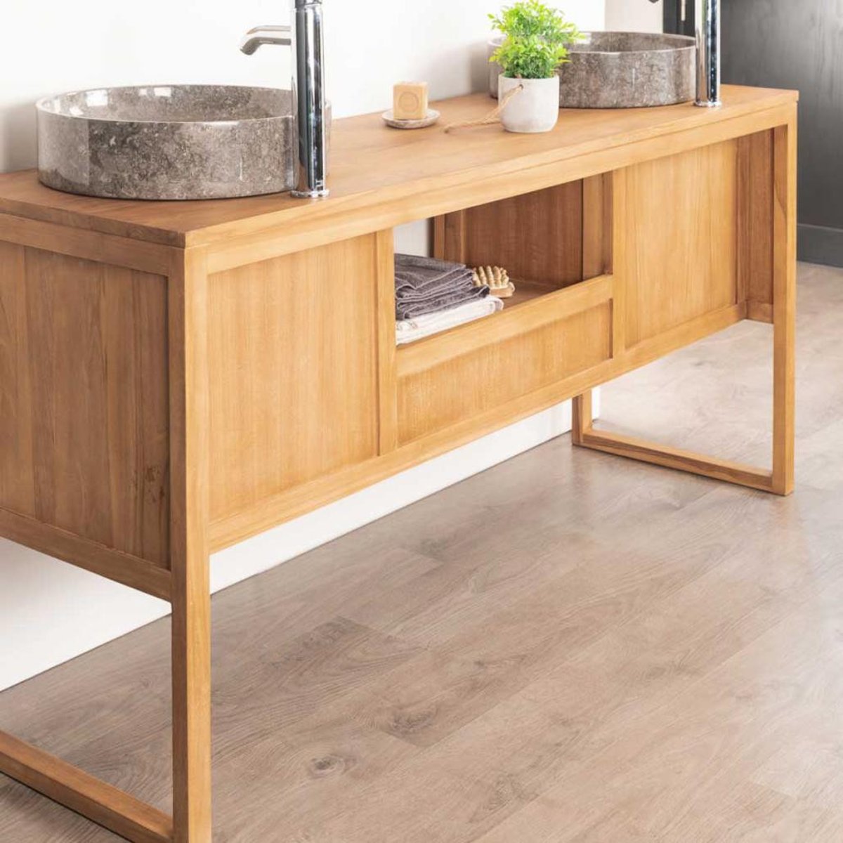 Meuble en teck massif rectangle double vasque 165 cm THÉA naturel, WANDA COLLECTION