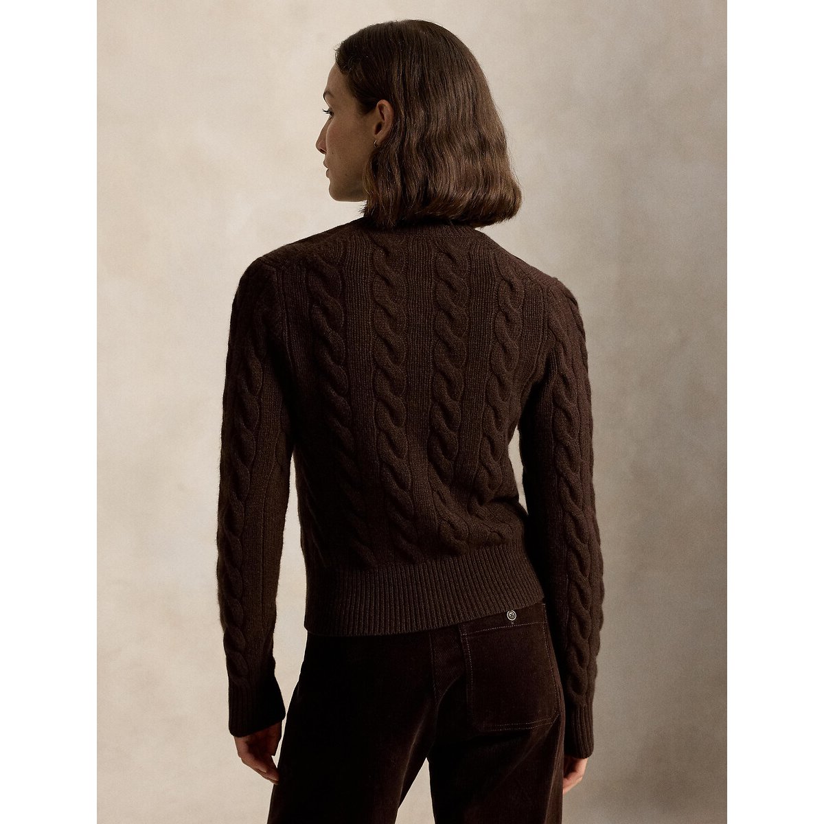 Cardigan girocollo a trecce, 80% lana, 20% cashmere marrone, POLO RALPH LAUREN