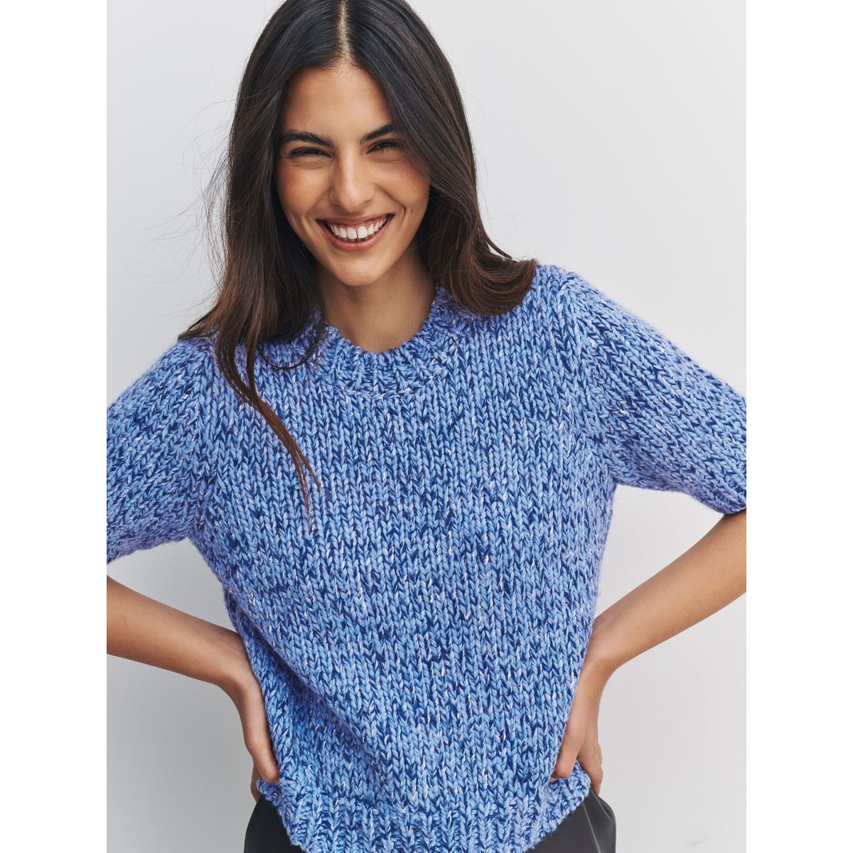 T-shirt torsadé à manches mi-longues en laine bleu multi, NEXT