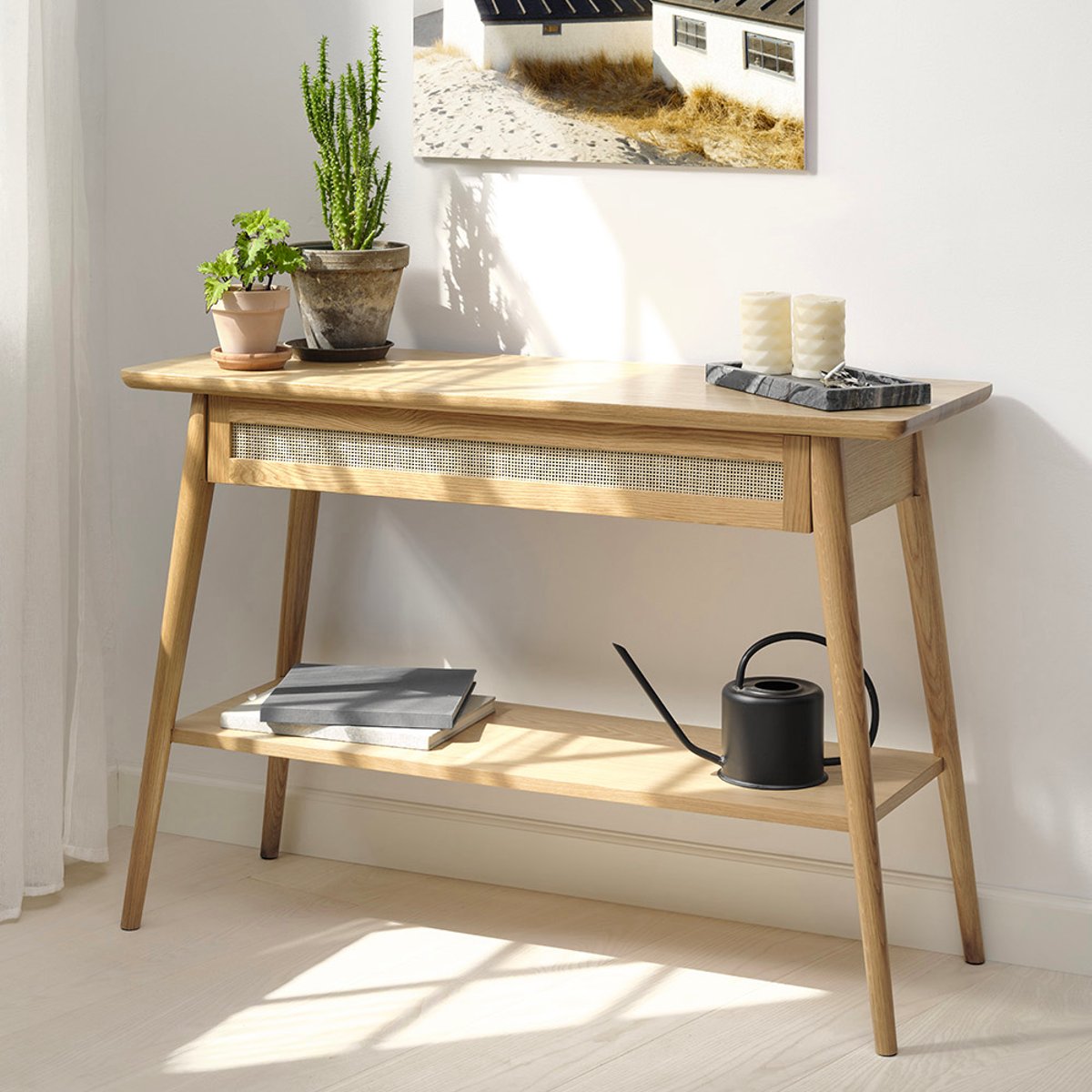 Console 2 plateaux 1 tiroir - Bois et rotin - CAPRI marron, MAISON AUBERTIN