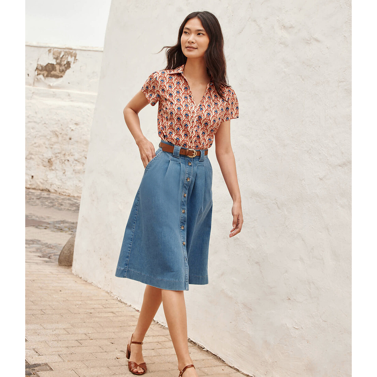 Full Mid-Length Skirt in Denim double stonewashed denim, ANNE WEYBURN
