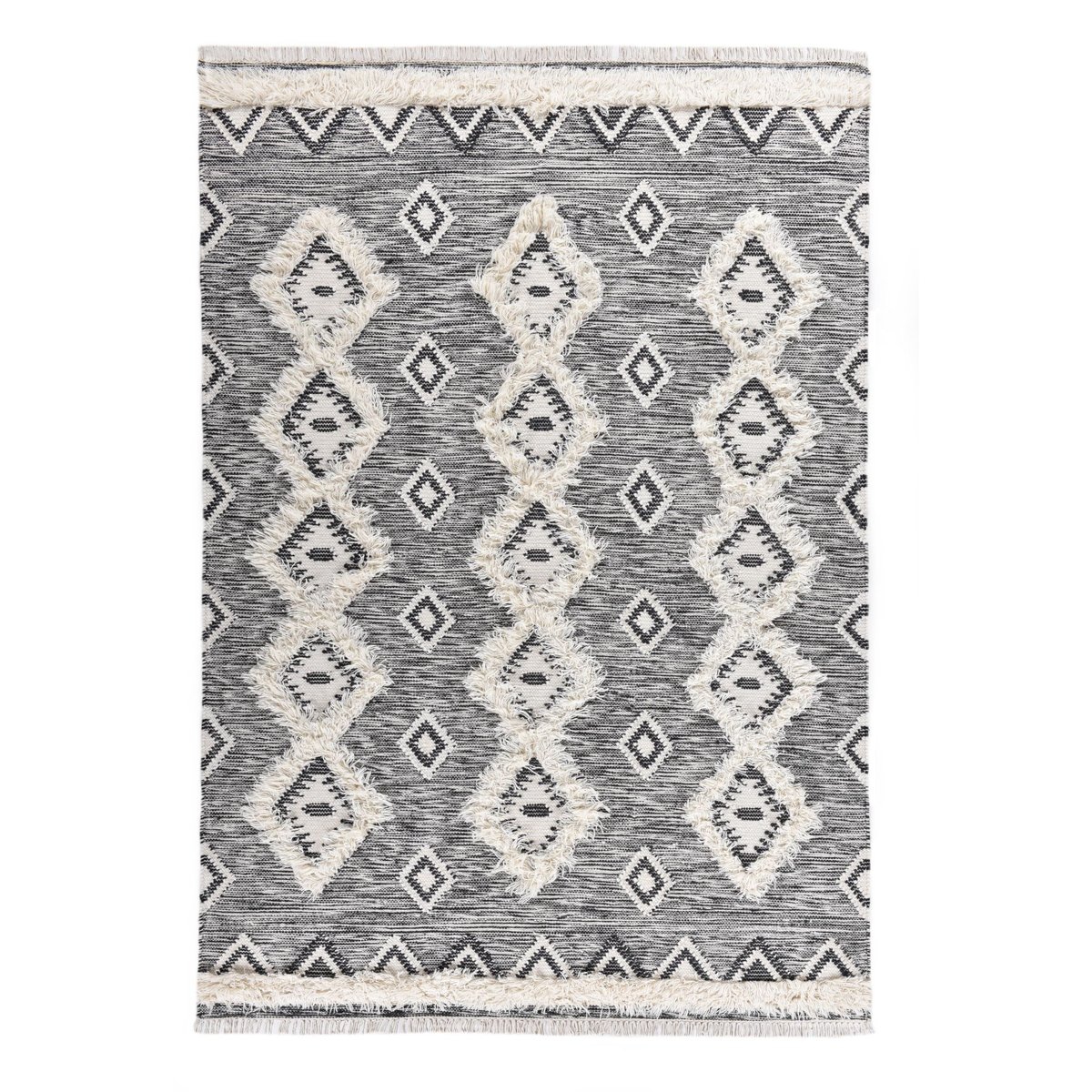 Tapis salon Mora style bohème, tissé main noir et blanc, THEKO