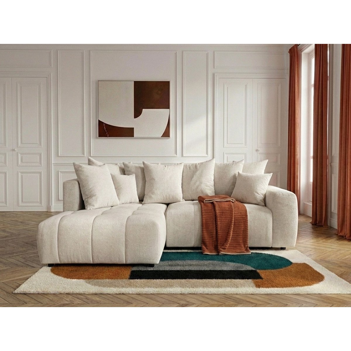 Canapé d'angle convertible 4 places en tissu chiné, ROXELANE beige, BOBOCHIC