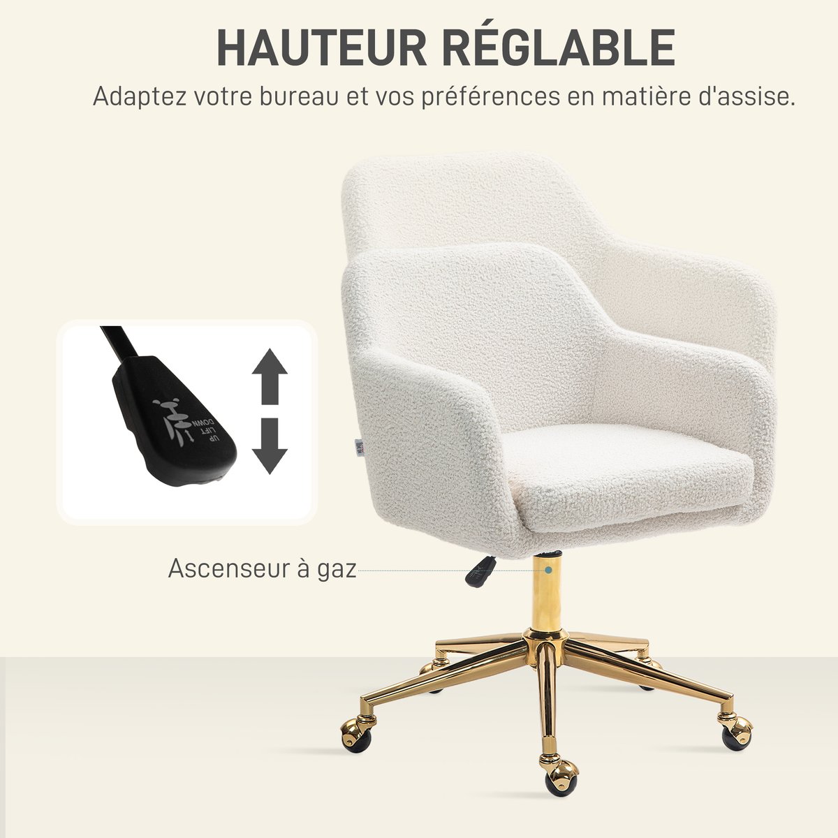 Chaise de bureau Polyester Blanc crème, doré, HOMCOM