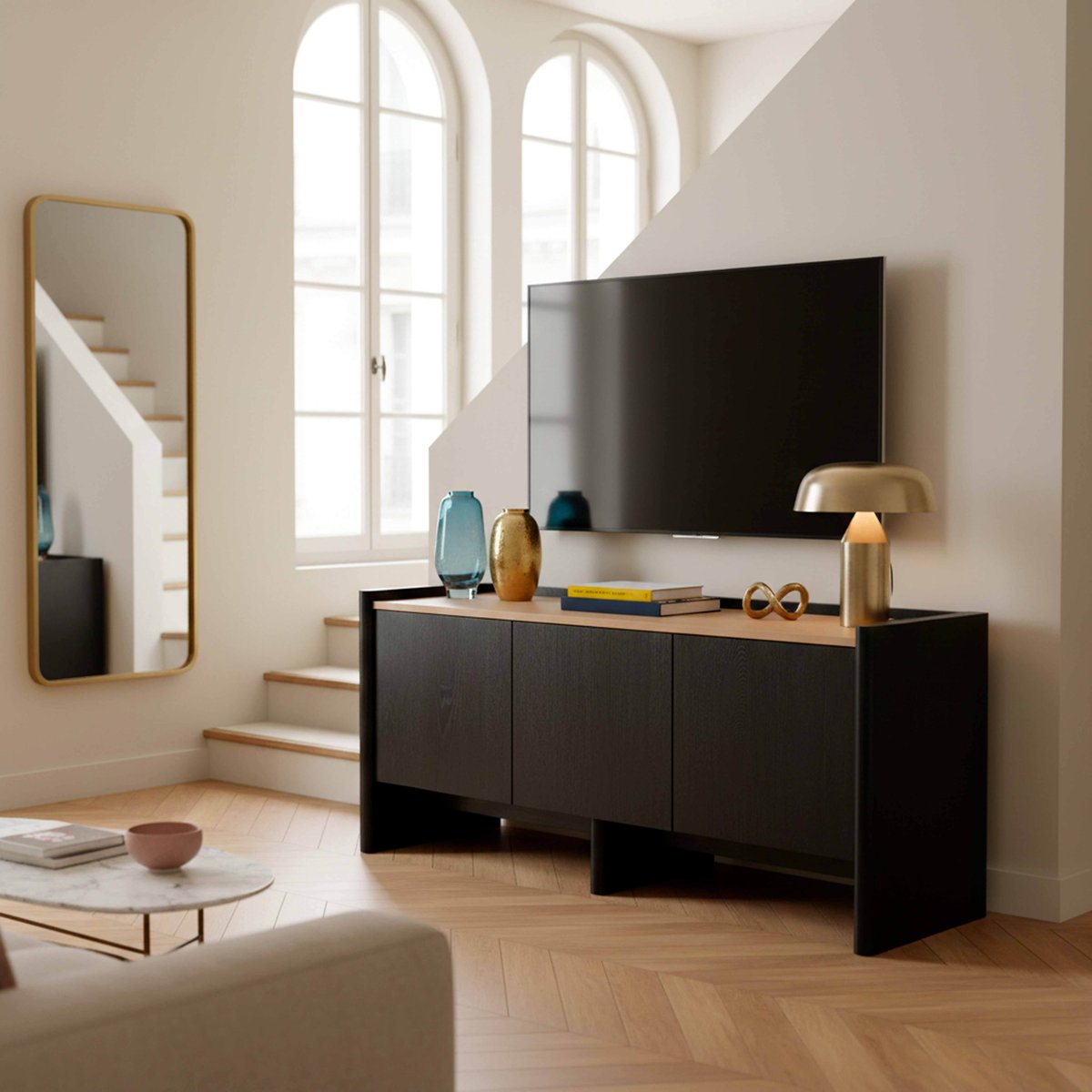 Meuble TV effet bois 120 cm style design épuré, GINA bois noir, OVIALA