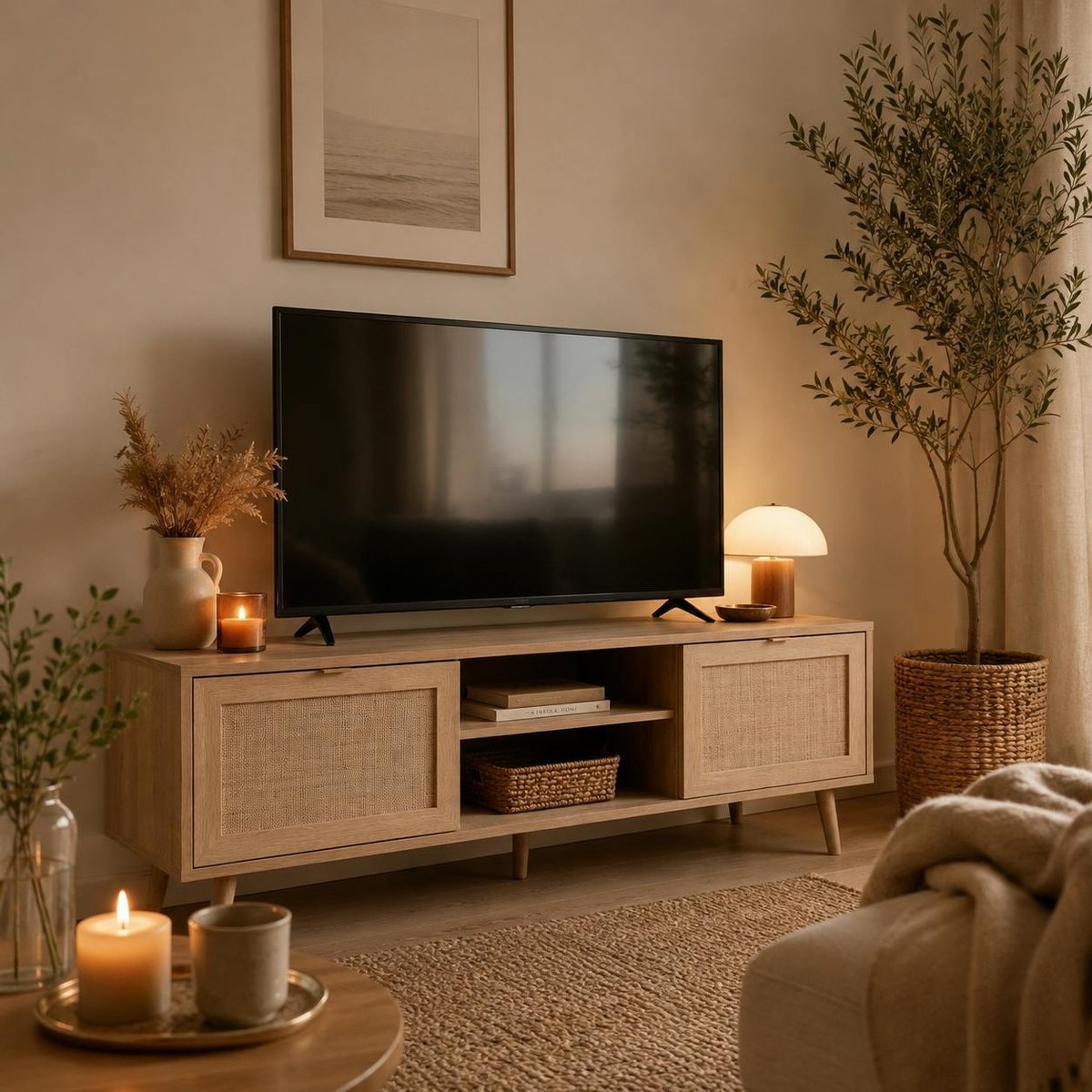 Meuble TV bohème 2 portes 1 niche centrale SONA bois naturel, PIER IMPORT