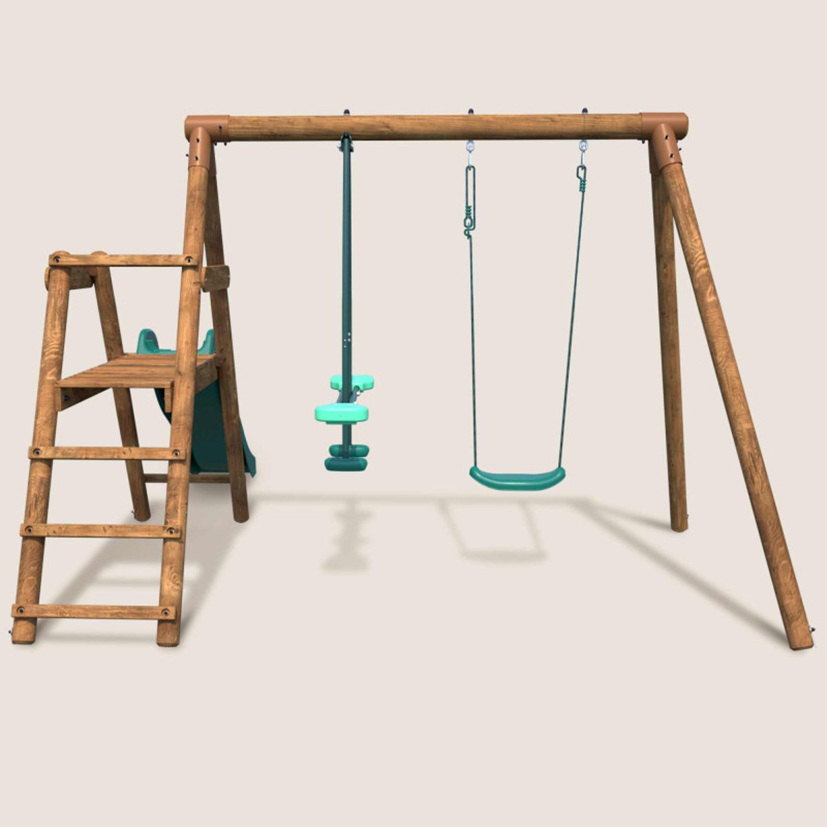 Portique en bois rond 2 agrès et toboggan bas MENTHE marron, SOULET