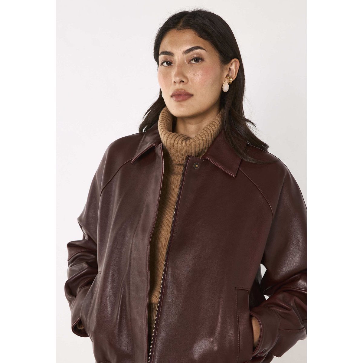 Blouson à manches longuesen cuir BARNABE cannelle, Maison 123