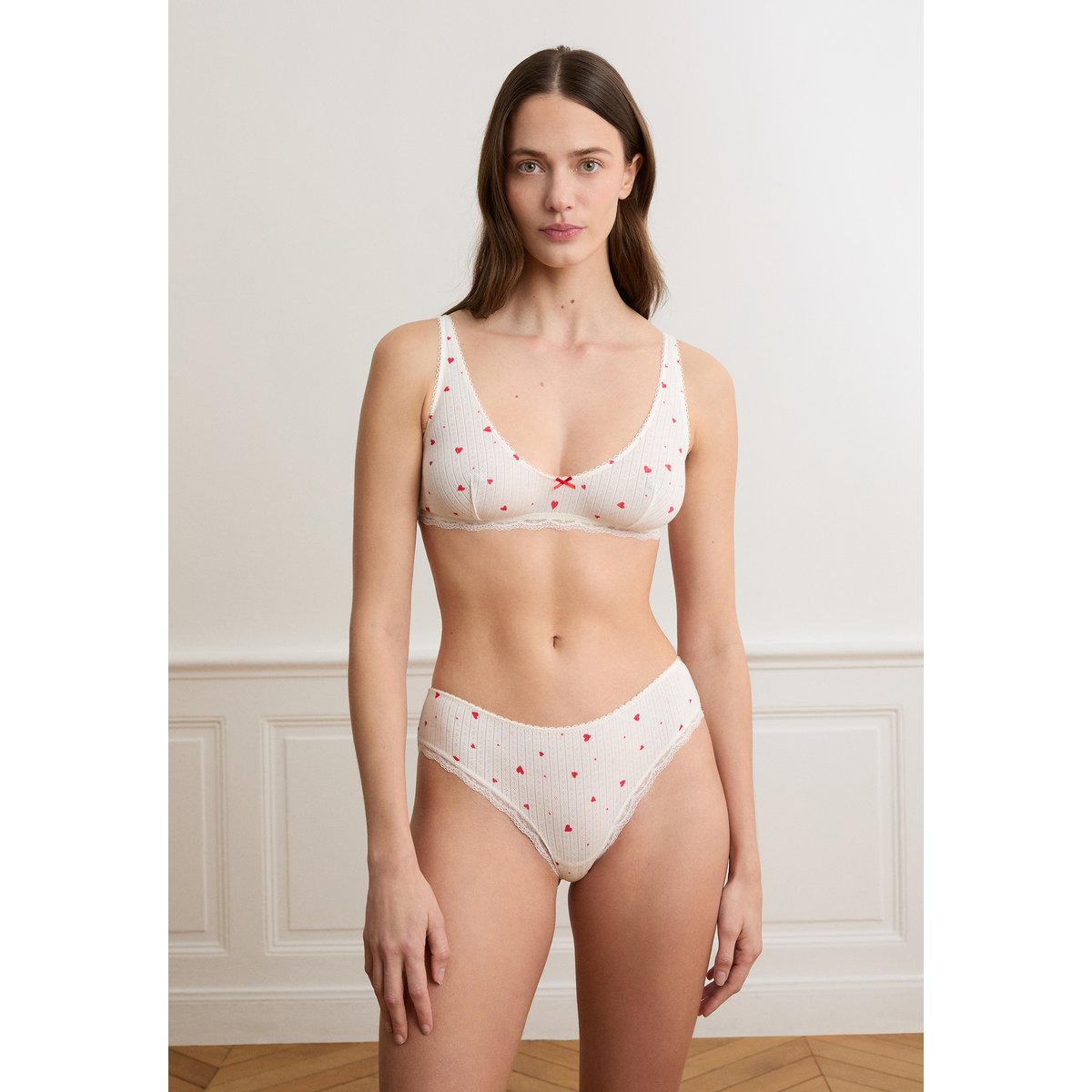 Brassière en pointelle à motifs cœurs VANITY GOURMAN imp fd blanc, ETAM