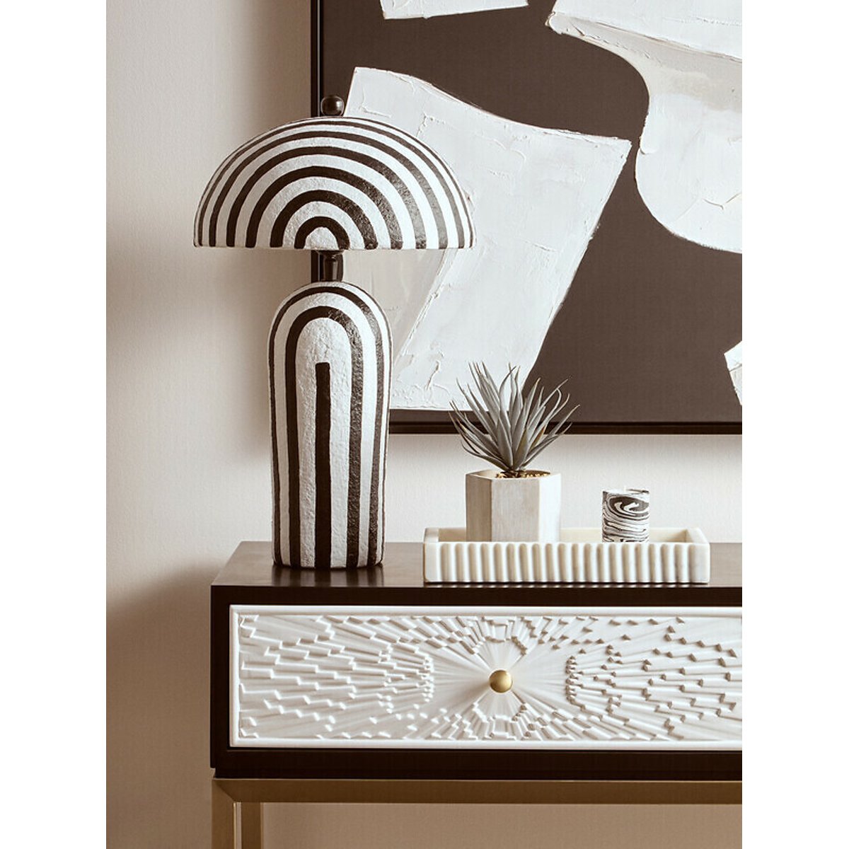50cm Conway Stripe Papier Mache Style Table Lamp With Dome Shade black/white, ÉDITÉ