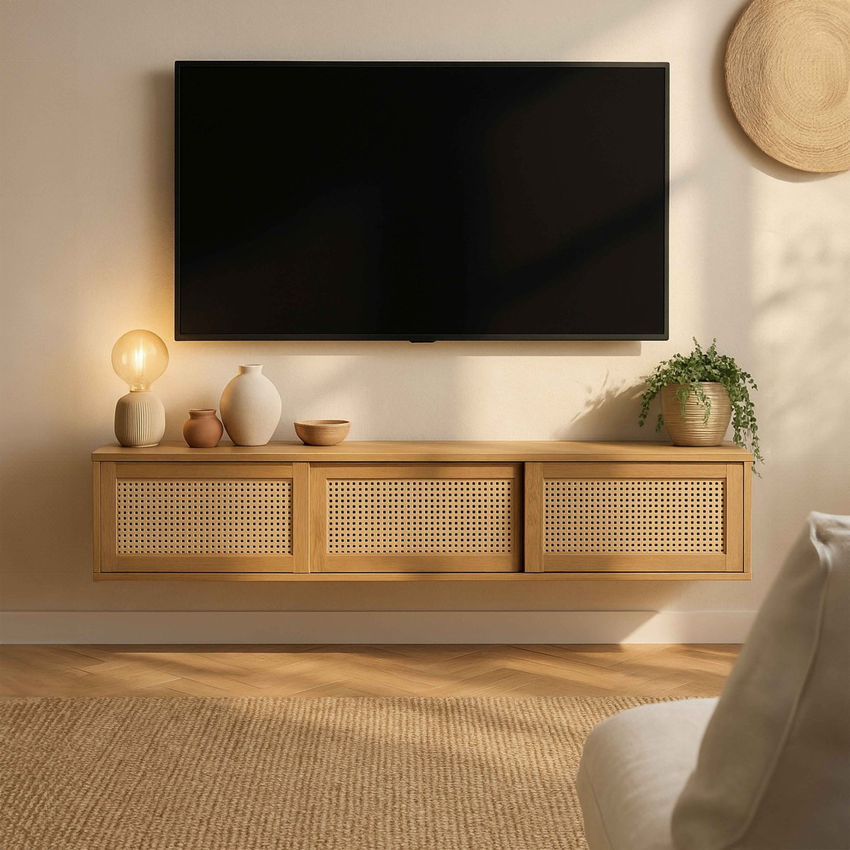 Meuble TV suspendu effet bois clair 160 cm style bohème, JENNY bois clair, OVIALA