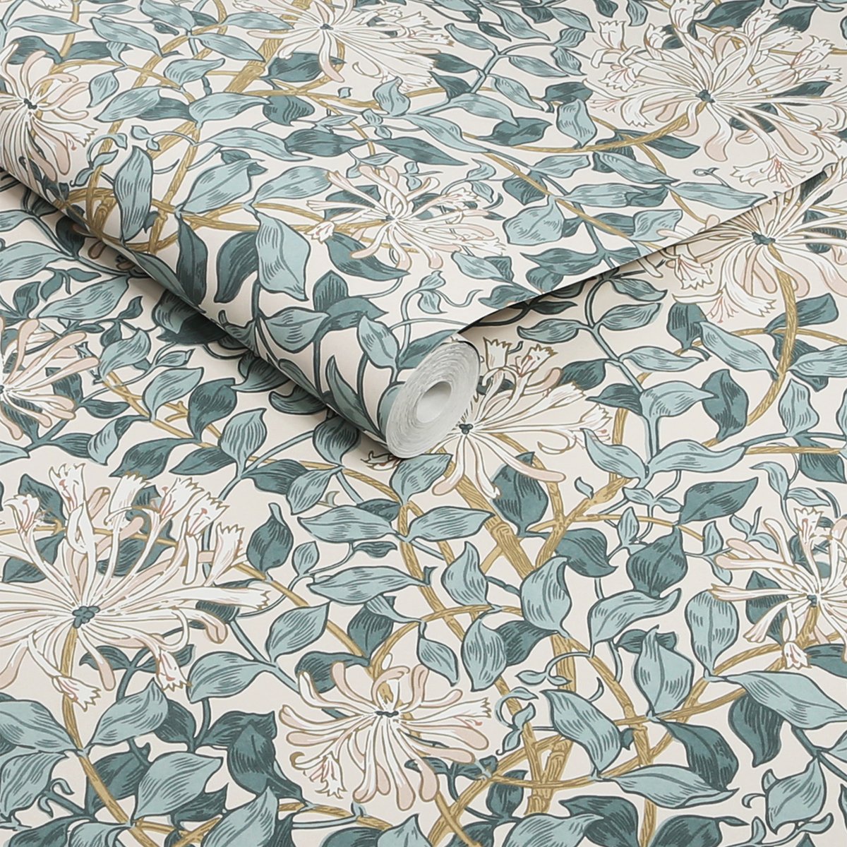 Papier peint Fleurs de chèvrefeuille de printemps bleu grisé, beige, WILLIAM MORRIS AT HOME