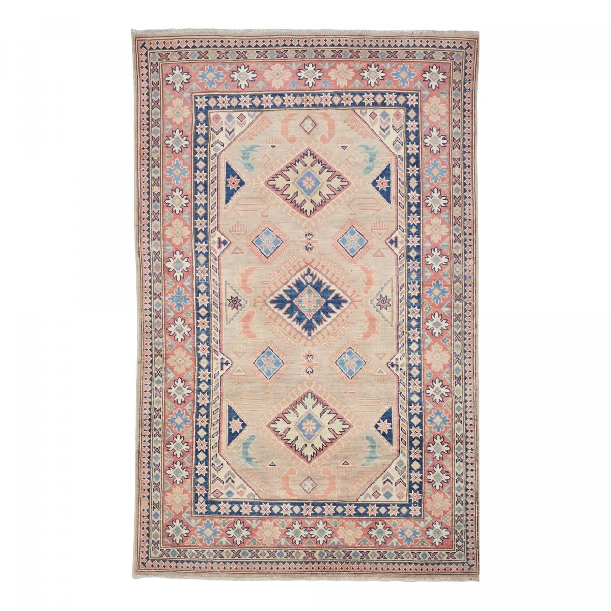 Tapis d'orient géométrique, noué main en laine, KAZAK CO 52 beige, bleu, rose, UN AMOUR DE TAPIS