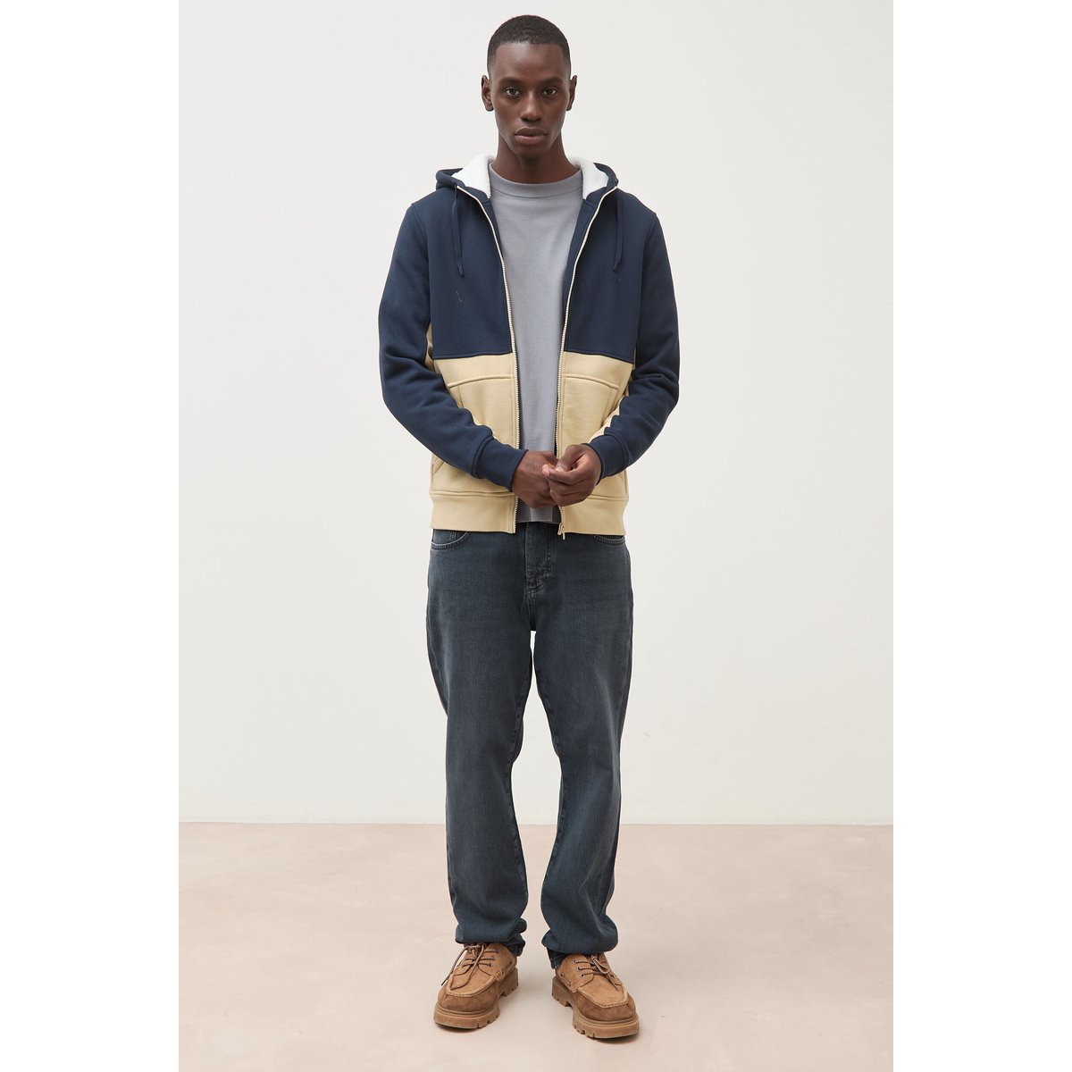 Sweat droit sherpa à capuche bleu marine, BONOBO