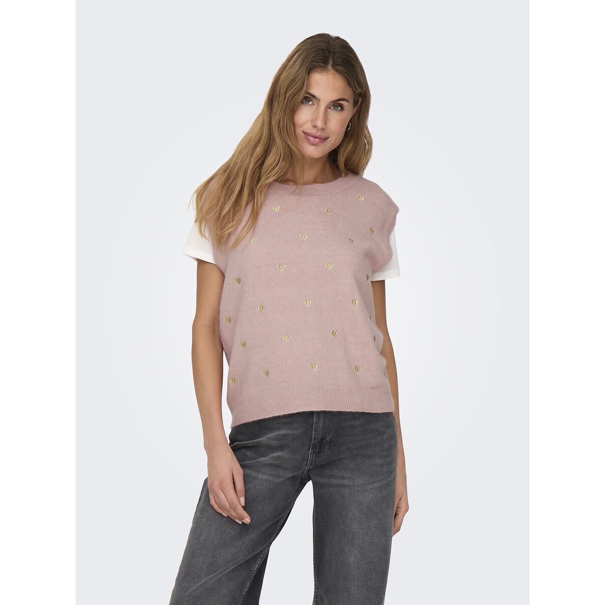Pull col rond manches courtes rose, ONLY