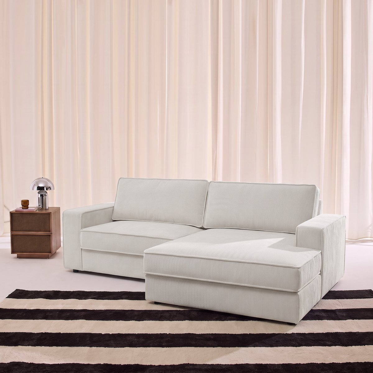 Canapé d'angle droit velours côtelé 3 places CHILL crème, SWEEEK