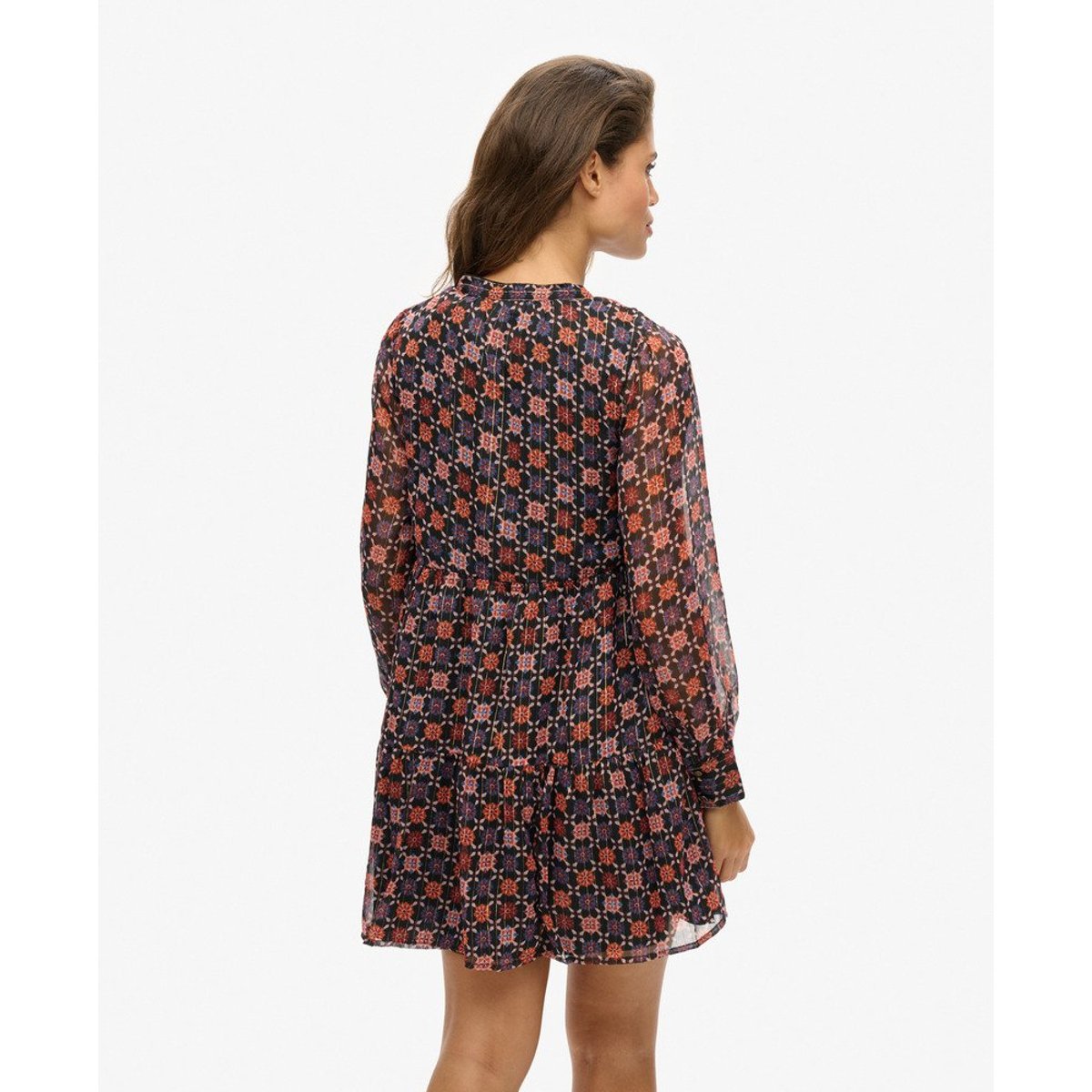 Robe courte à manches longues et volants imprimé floral géométrique, SUPERDRY
