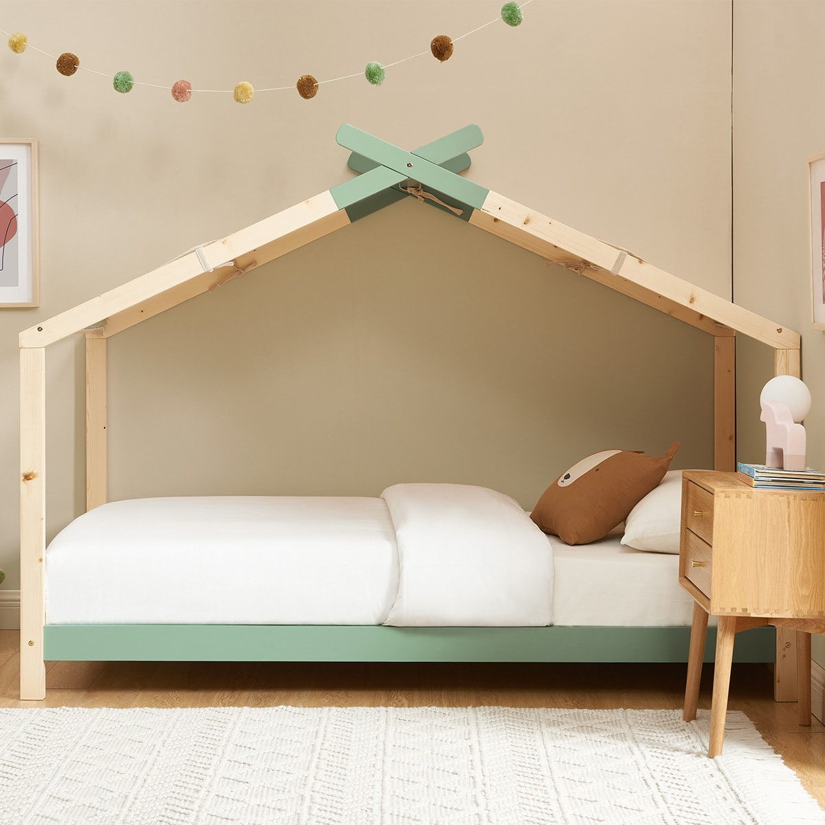 Lit cabane enfant en pin massif - CHARLY vert, HOMIFAB