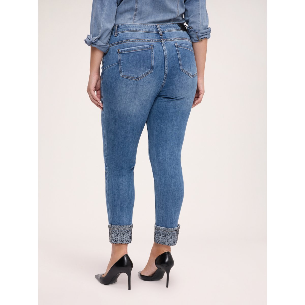 Jean skinny avec revers en strass bleu, FIORELLA RUBINO