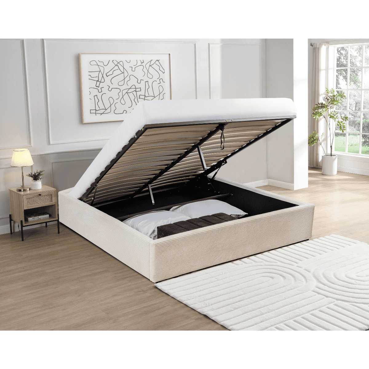 Lit coffre 160x200 cm en velours côtelé beige - ROMY beige, CALICOSY
