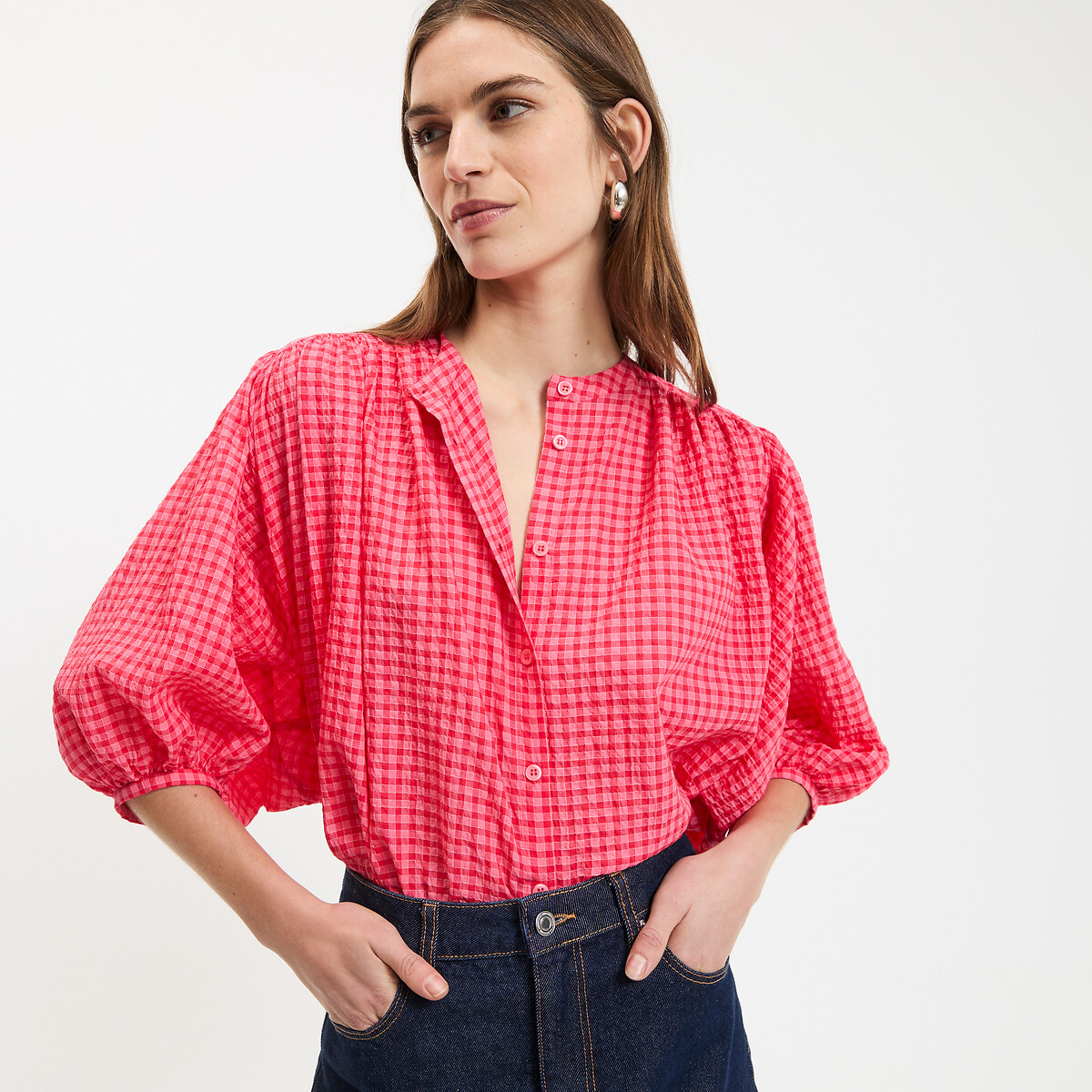 Chemise col mao à carreaux, volume oversize, en coton, Signature BERTHE carreaux rouge, LA REDOUTE COLLECTIONS