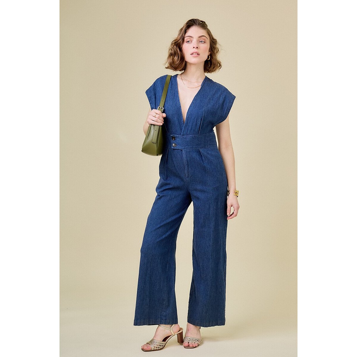 Short-Sleeved Denim V-Neck Jumpsuit dark denim blue , SEE U SOON