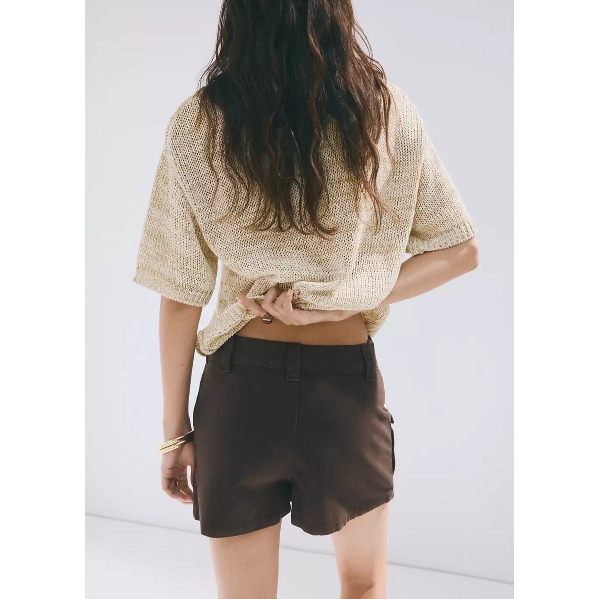 Jupe-short en denim cargo chocolat, MANGO