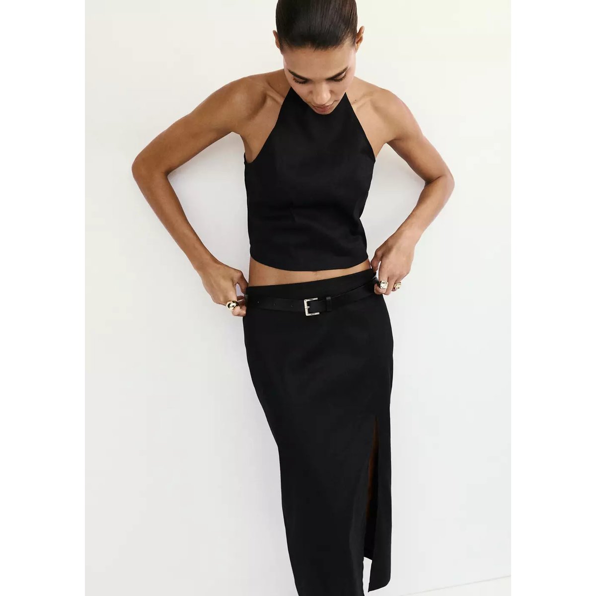Top halter en lin et coton noir, MANGO