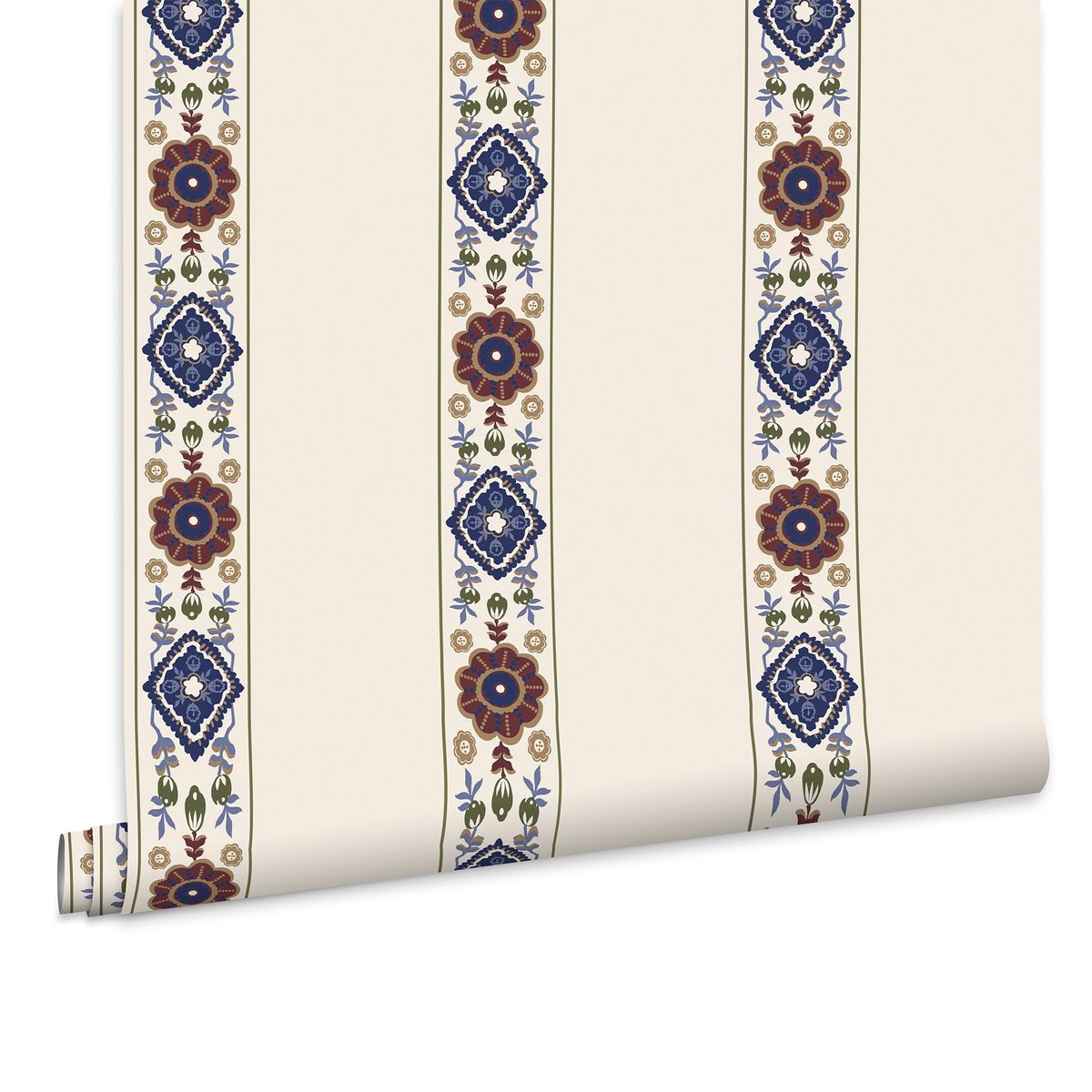 Papier peint Rayures fleuries bleu, brun, beige, JOULES