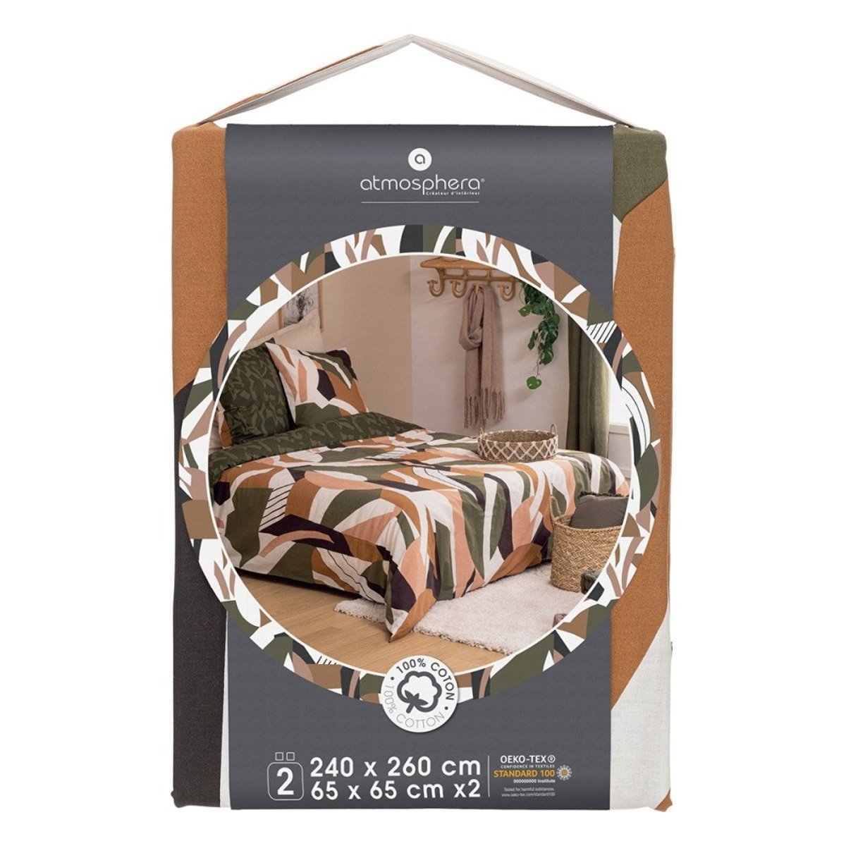 Housse de couette 260x240 Arik + 2 taies 100% coton 57 fils kaki, ATMOSPHERA