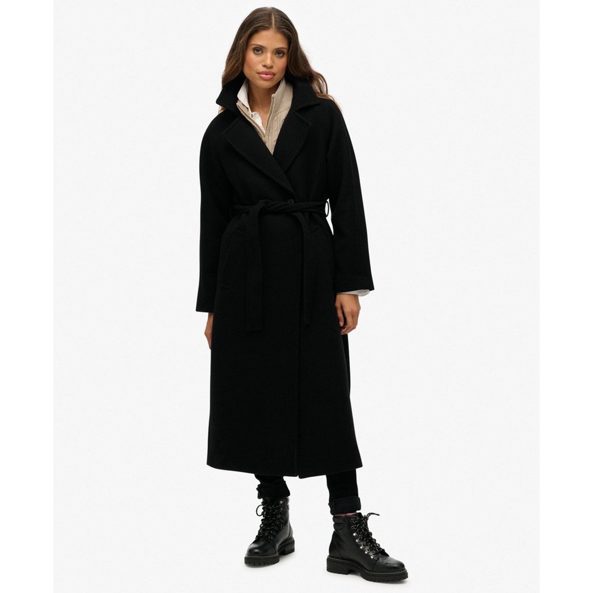Manteau Long Mélange de Laine Décontracté noir, SUPERDRY