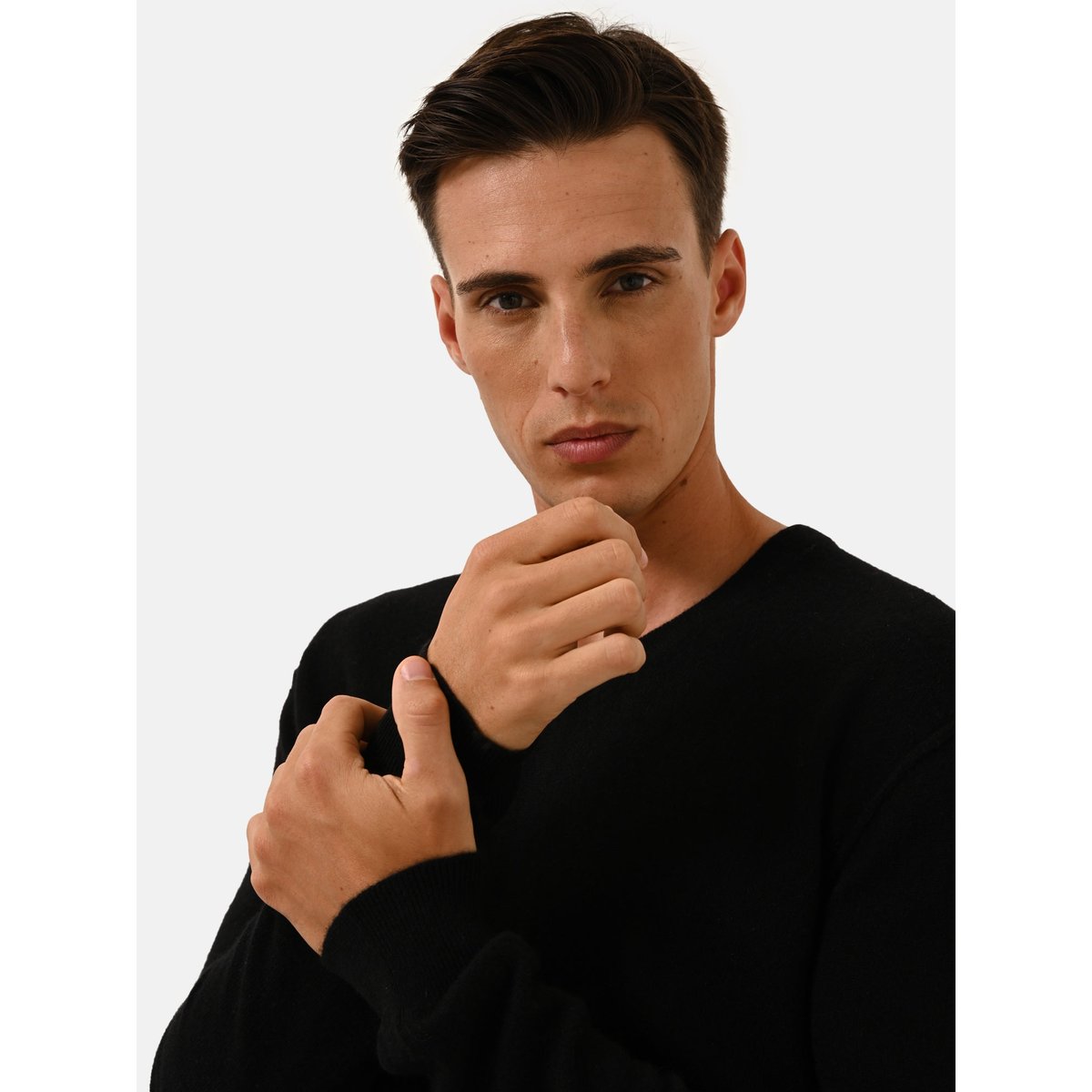 Pull Col V  Noir Tom noir, JUST CASHMERE