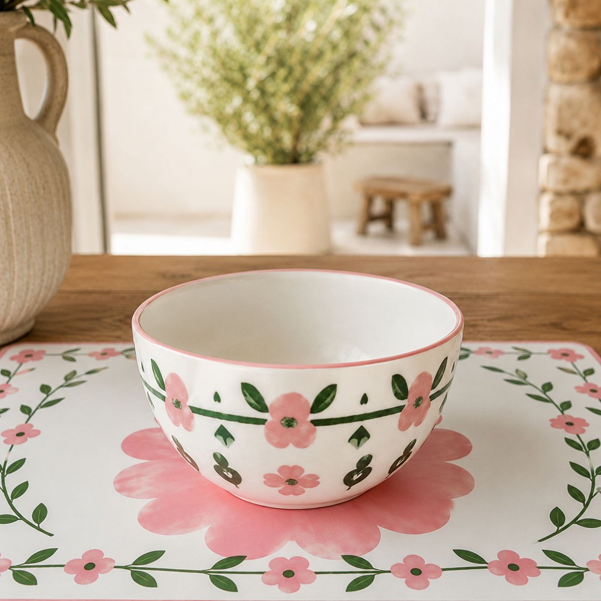 Lot de 6 bols 60cl en porcelaine, PRIMAVERA blanc-rose, NOVASTYL