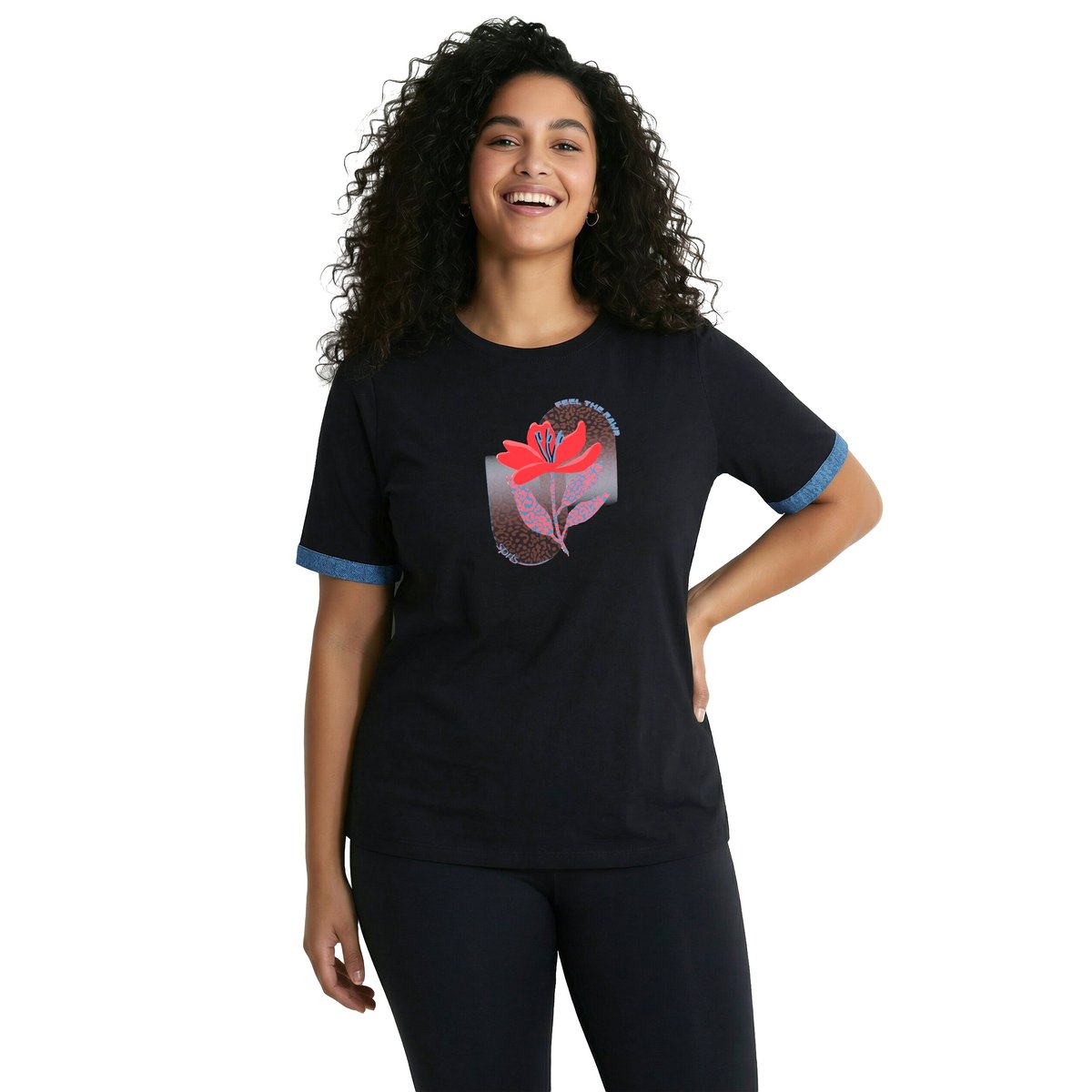T-shirt technique avec motif imprimé noir, ULLA POPKEN