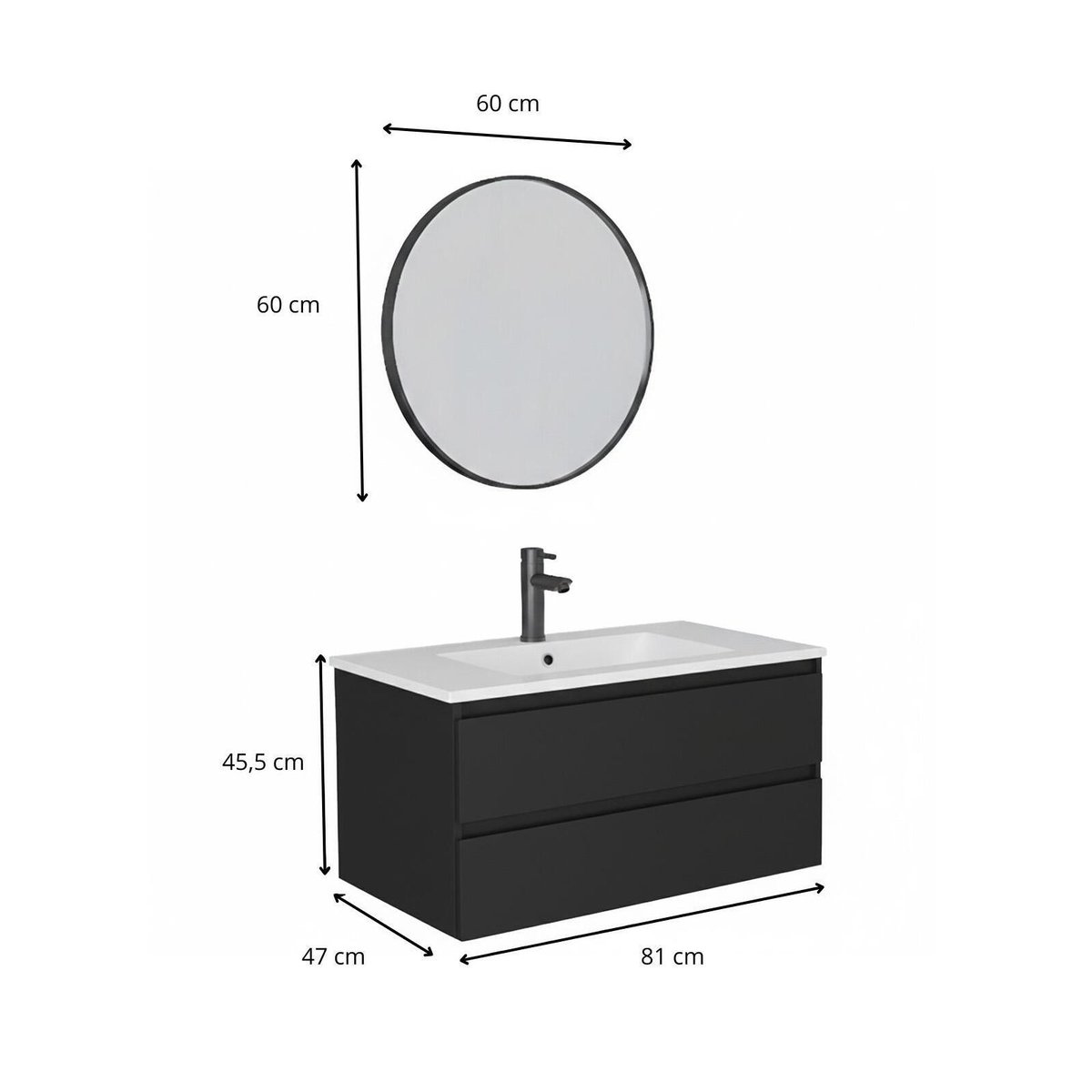 Meuble simple vasque 80cm décor chêne avec robinet et miroir SORRENTO noir satiné, MOB IN