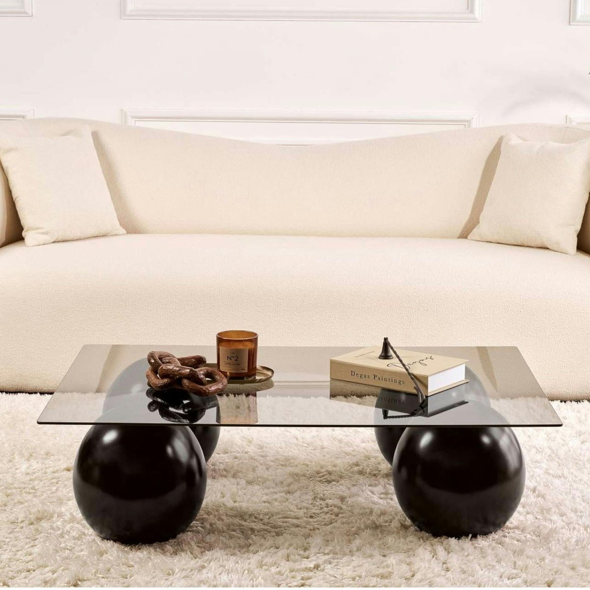Table basse en verre 4 pieds boule KOCHI fumé, PIER IMPORT