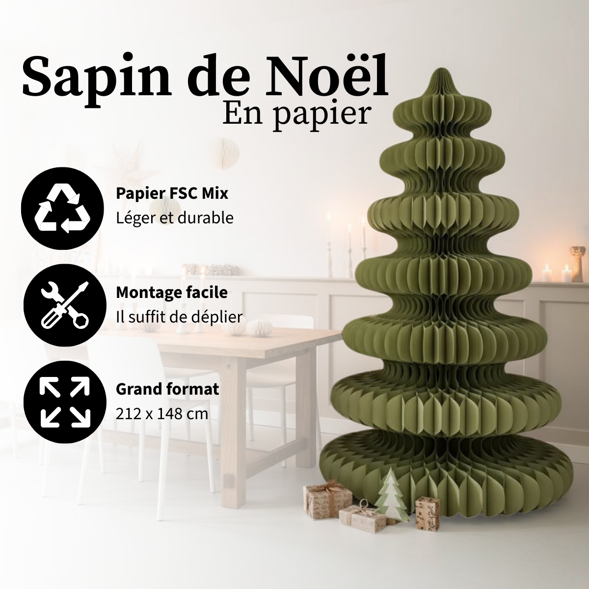 Sapin de Noël décoratif en papier H212 cm YARRAH vert, MICA DECORATIONS