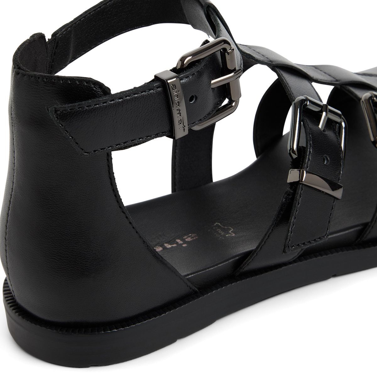 Sandales plates en cuir, talon fermé noir, TAMARIS