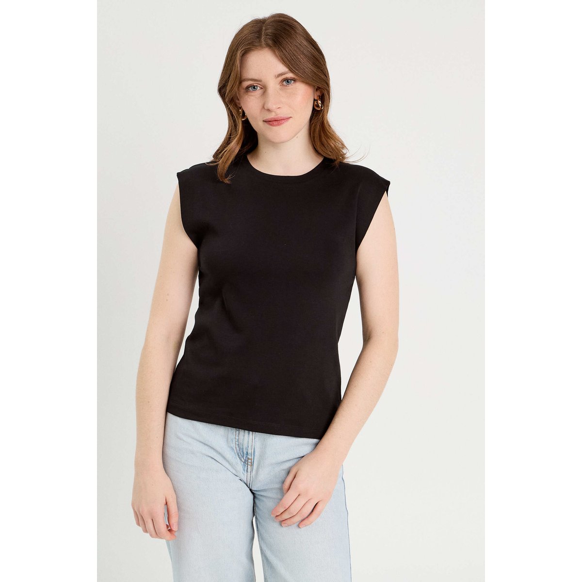 T-shirt col rond sans manches noir, CACHE CACHE
