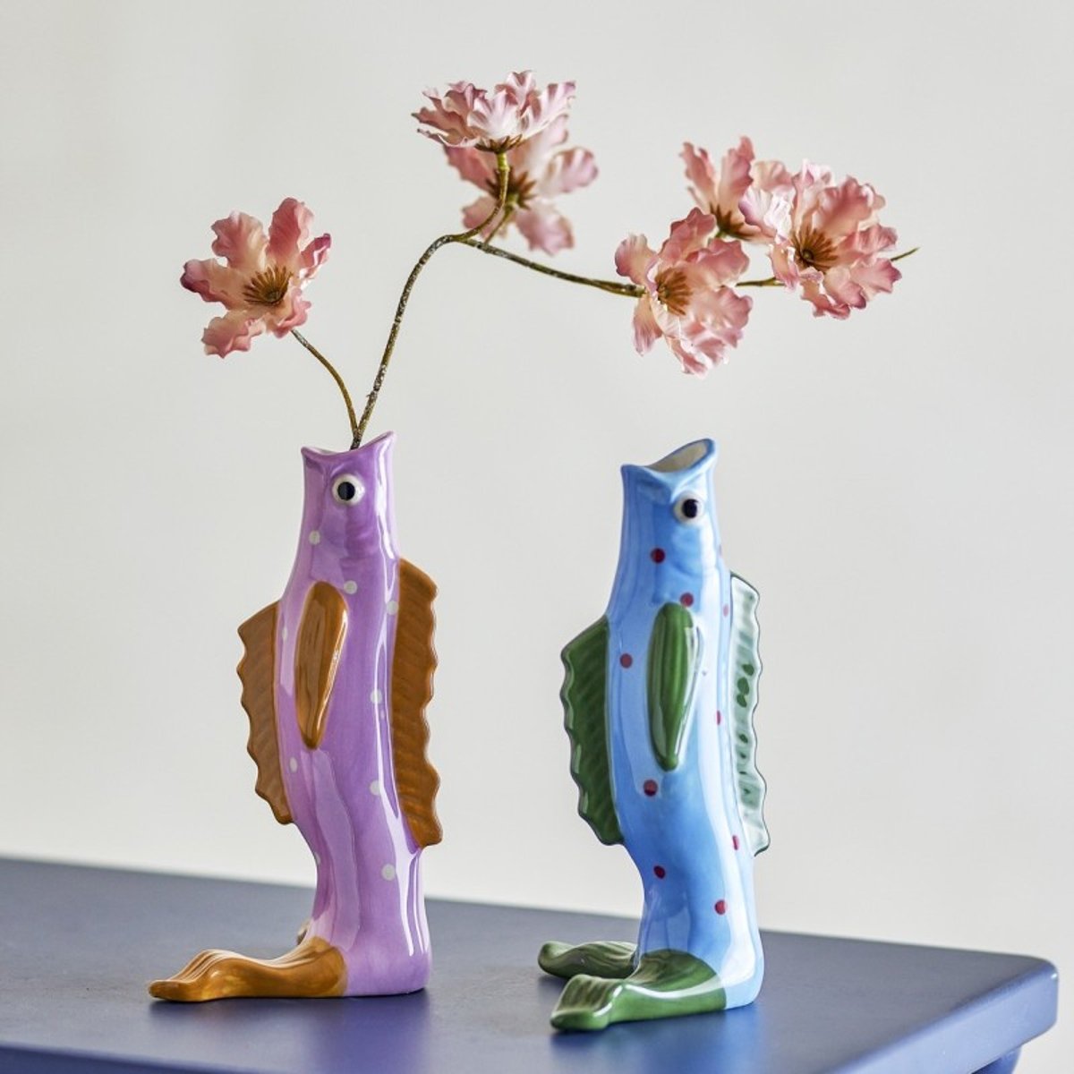 Vase poisson grès peint Mako set de 2 multicolore, BLOOMINGVILLE