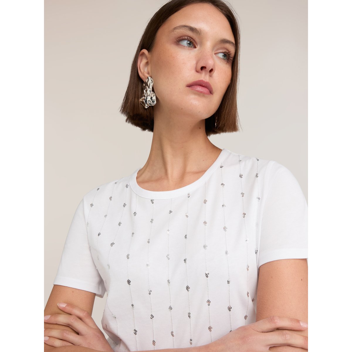 T-shirt avec broderie de paillettes blanc, MOTIVI
