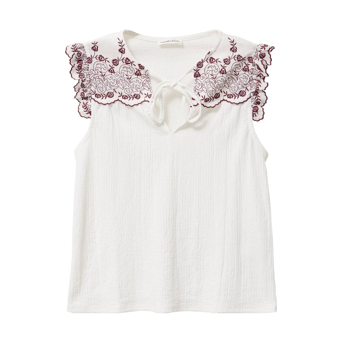 Blouse décolleté sans manches brodée rouge, CACHE CACHE