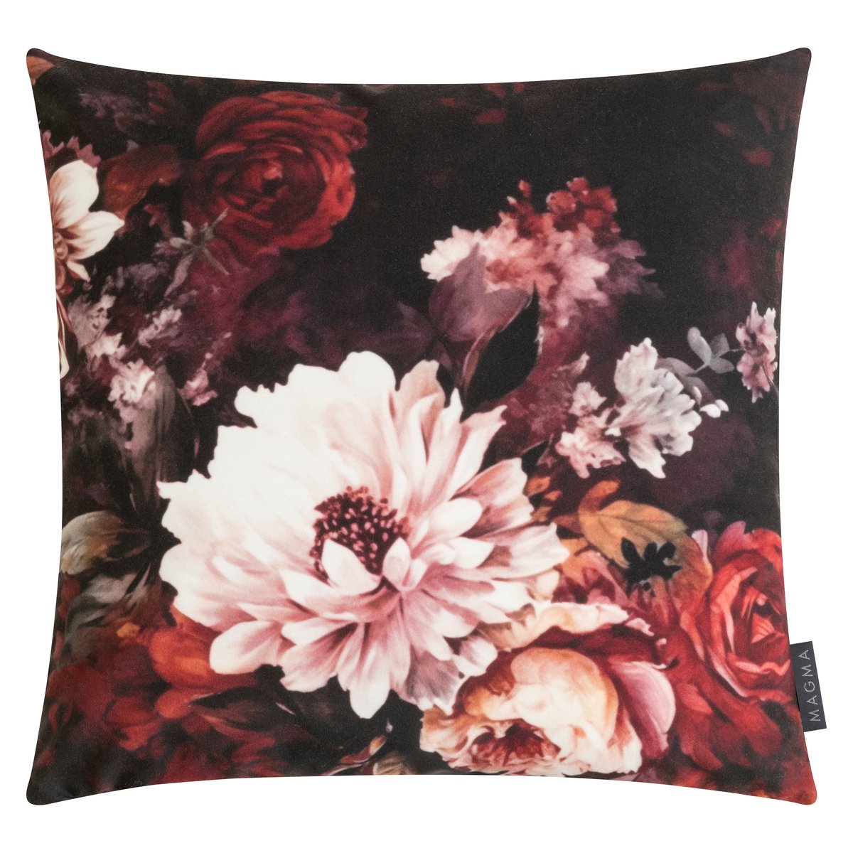 Lot de 2 housses de coussin imprimé floral microfibre FELICITY bordeaux, rose et noir, MAGMA HEIMTEX